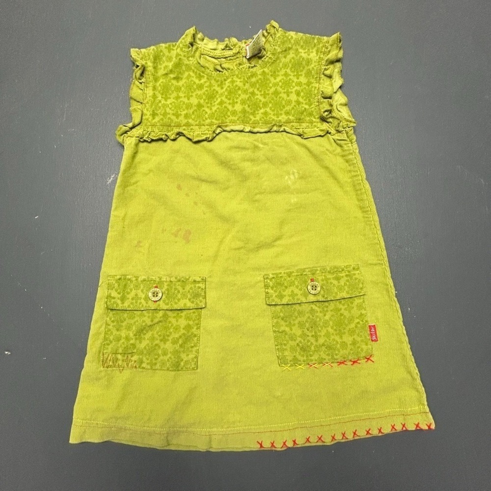 Shilav Dress Girls 3T Green Corduroy Ruffle Sleeveless Pocket Floral Kids